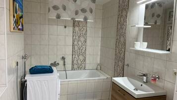 Hair dryer, towels, soap, toilet paper