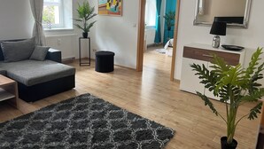 A modern living room with a grey sofa, a black ottoman, a patterned rug, and a potted plant.