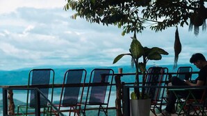 Una terraza con sillas y una planta en maceta, con vistas a un paisaje montañoso.