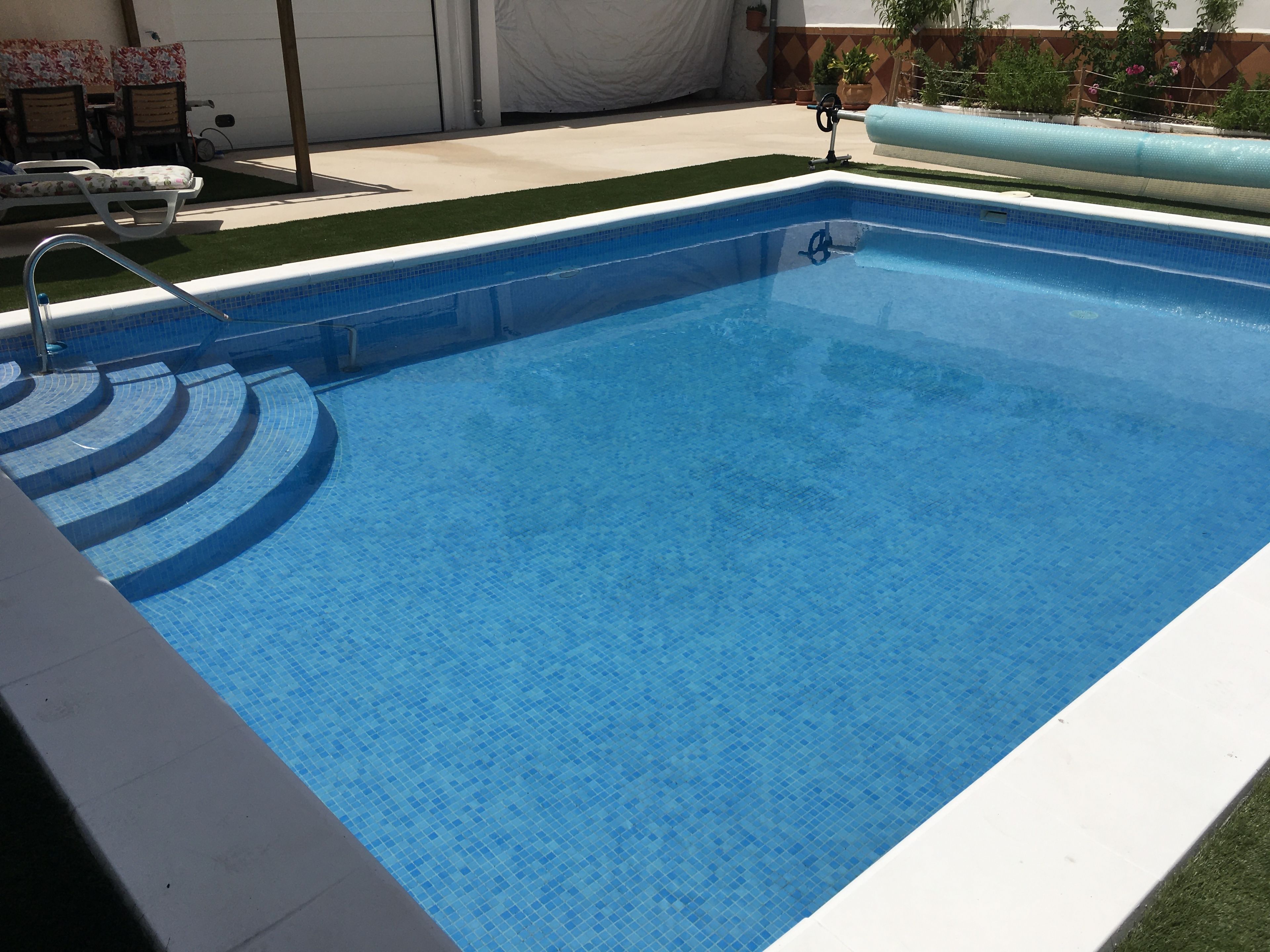 A rectangular swimming pool with a tiled edge and a built-in ladder.