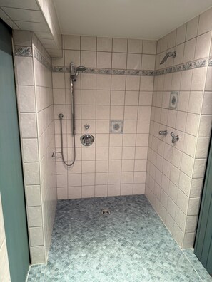 Douche, serviettes fournies, savon, papier toilette