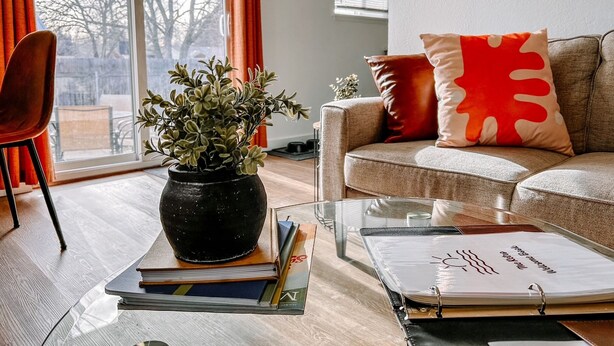 A living room with a sofa, a coffee table, a bookshelf, a potted plant, and a window with curtains. - The Retro duplex unit (Boise)
