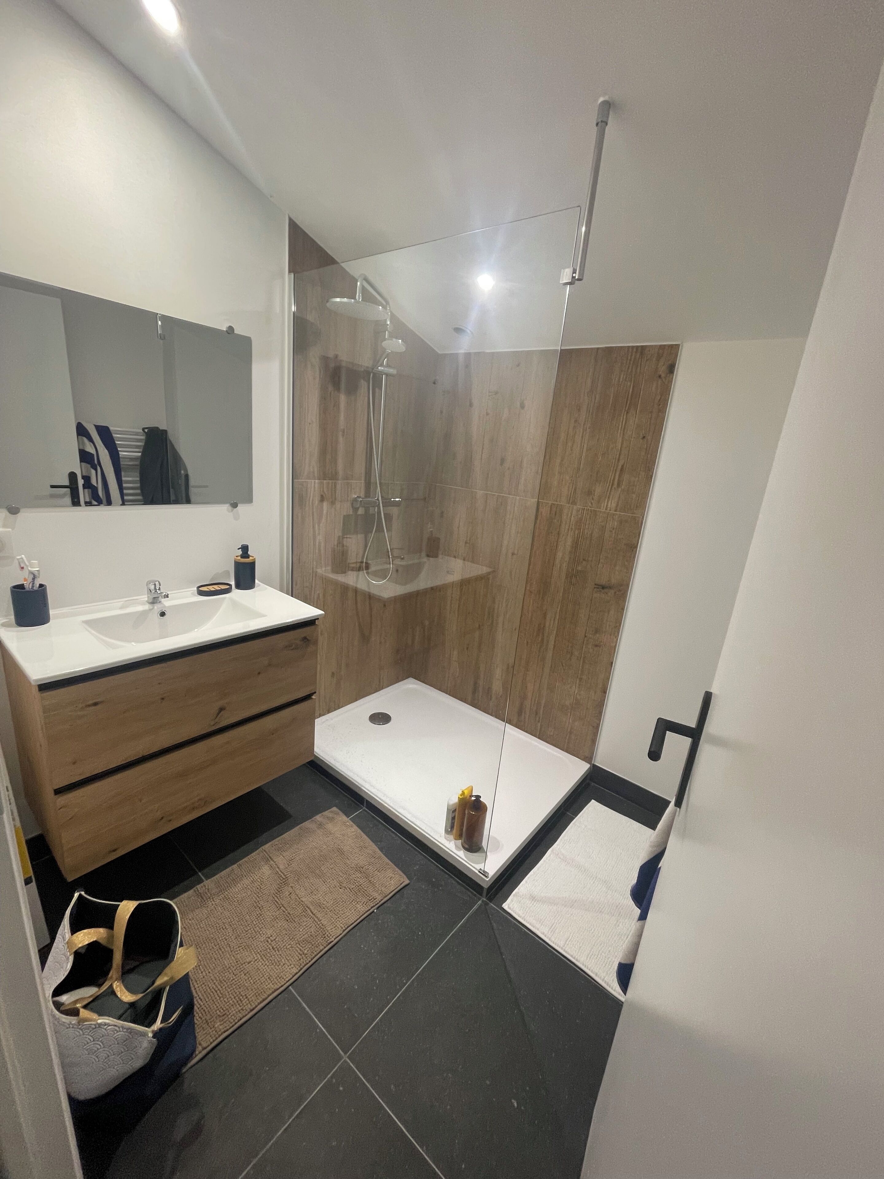 Hair dryer, towels, toilet paper
