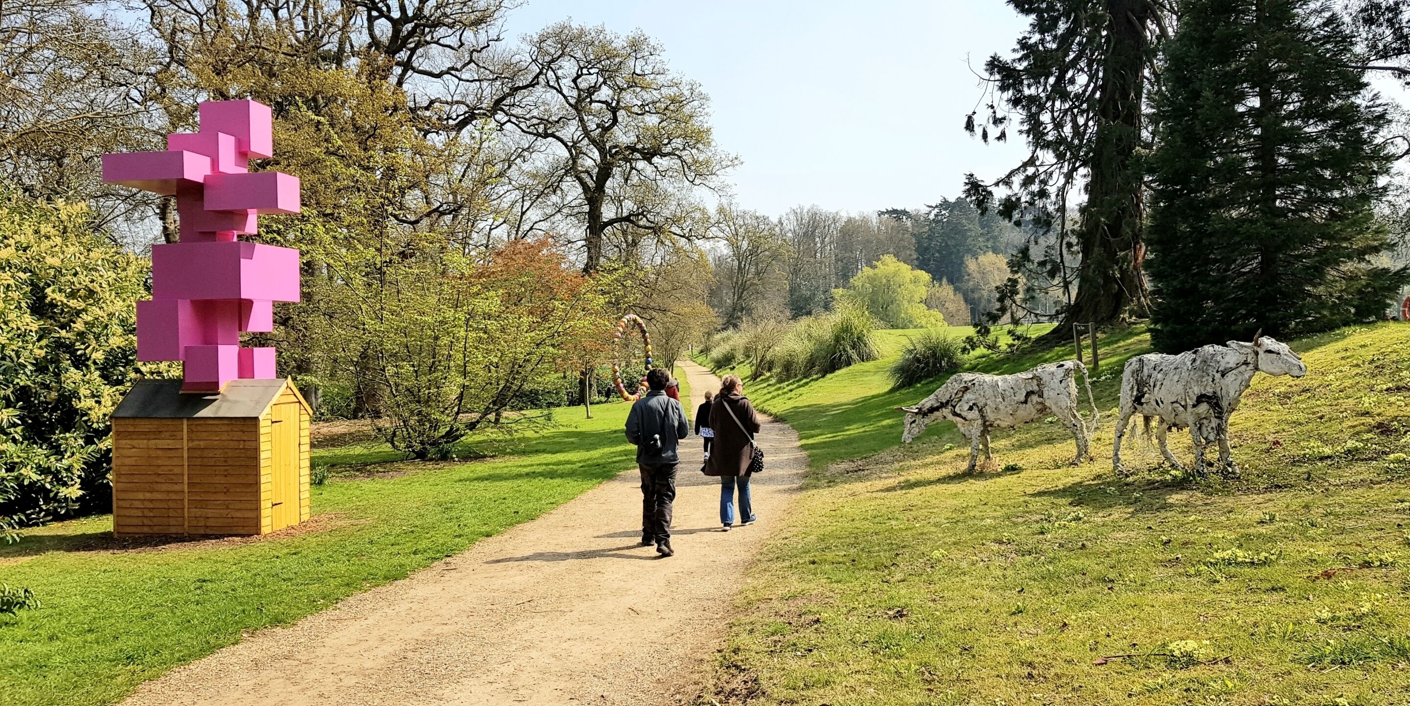 A pathway with a wooden structure, trees, and a herd of cows.
