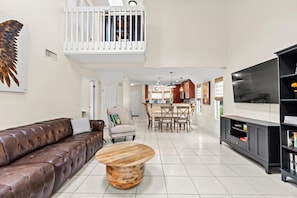 Smart TV, fireplace, books