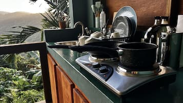 Fridge, microwave, electric kettle, cookware/dishes/utensils