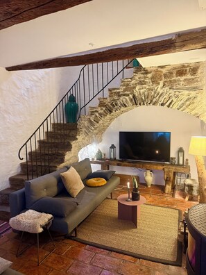 Smart TV, fireplace, DVD player, books