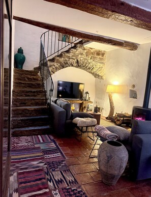 Smart TV, fireplace, DVD player, books