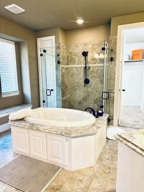 Shower, jetted tub, hair dryer, bidet