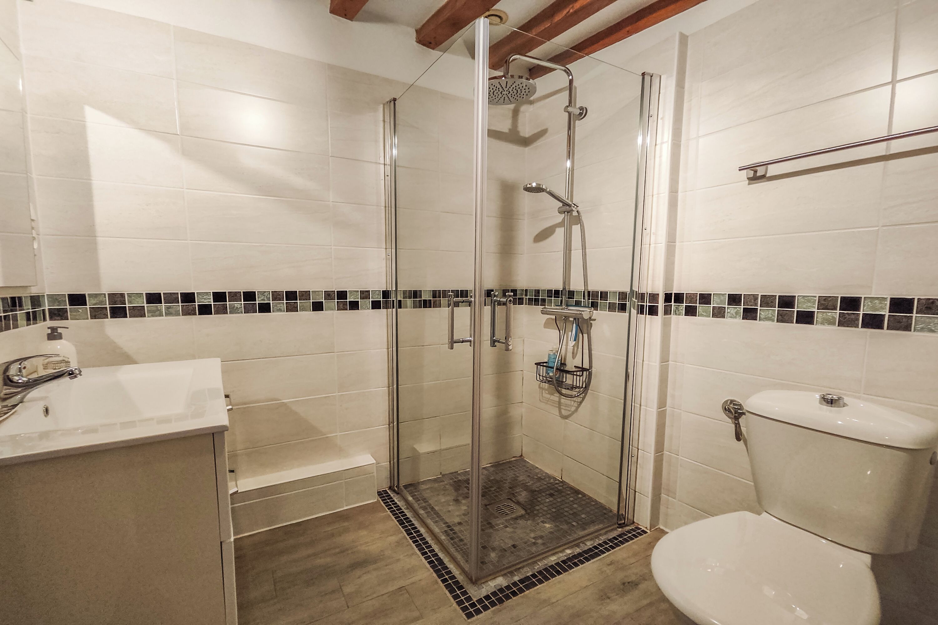 Une salle de bain avec une douche à parois de verre, des toilettes et un lavabo équipé d’un distributeur de savon.