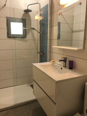 Shower, hair dryer, bidet, towels