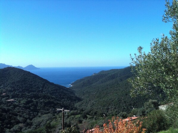 A mountainous landscape with a clear view of the sea and a power line structure.