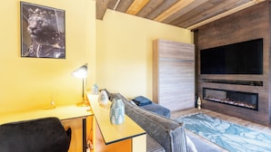 A modern living room with a sofa, a coffee table, a fireplace, and a TV. - Apartment with private pool in Annecy (Annecy)