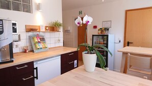 A modern kitchen with a coffee machine, a potted orchid, and a refrigerator. - Boardinghouse Kappeln by Team SchleiFee (Kappeln)