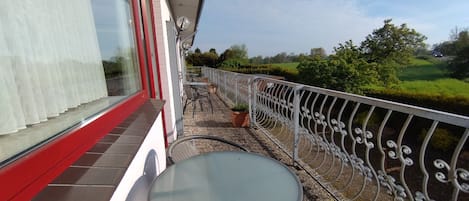 Ein Balkon mit Metallgeländer, einem Tisch und Blumentöpfen.