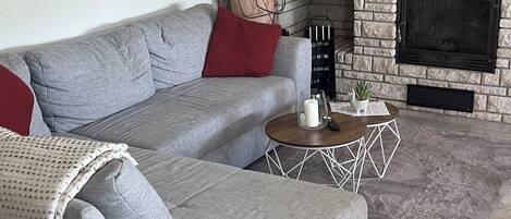 A living room with a grey sectional sofa, a red throw pillow, a coffee table, a fireplace, and a large plant.