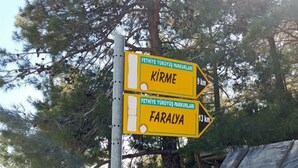 Un cartel direccional con dos flechas indicando 'KIRME' a 9 km y 'FARALYA' a 13 km.