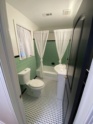 Douche, séchoir à cheveux, serviettes fournies, savon