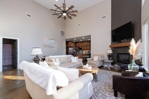 Smart TV, fireplace, books