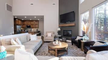 Smart TV, fireplace, books