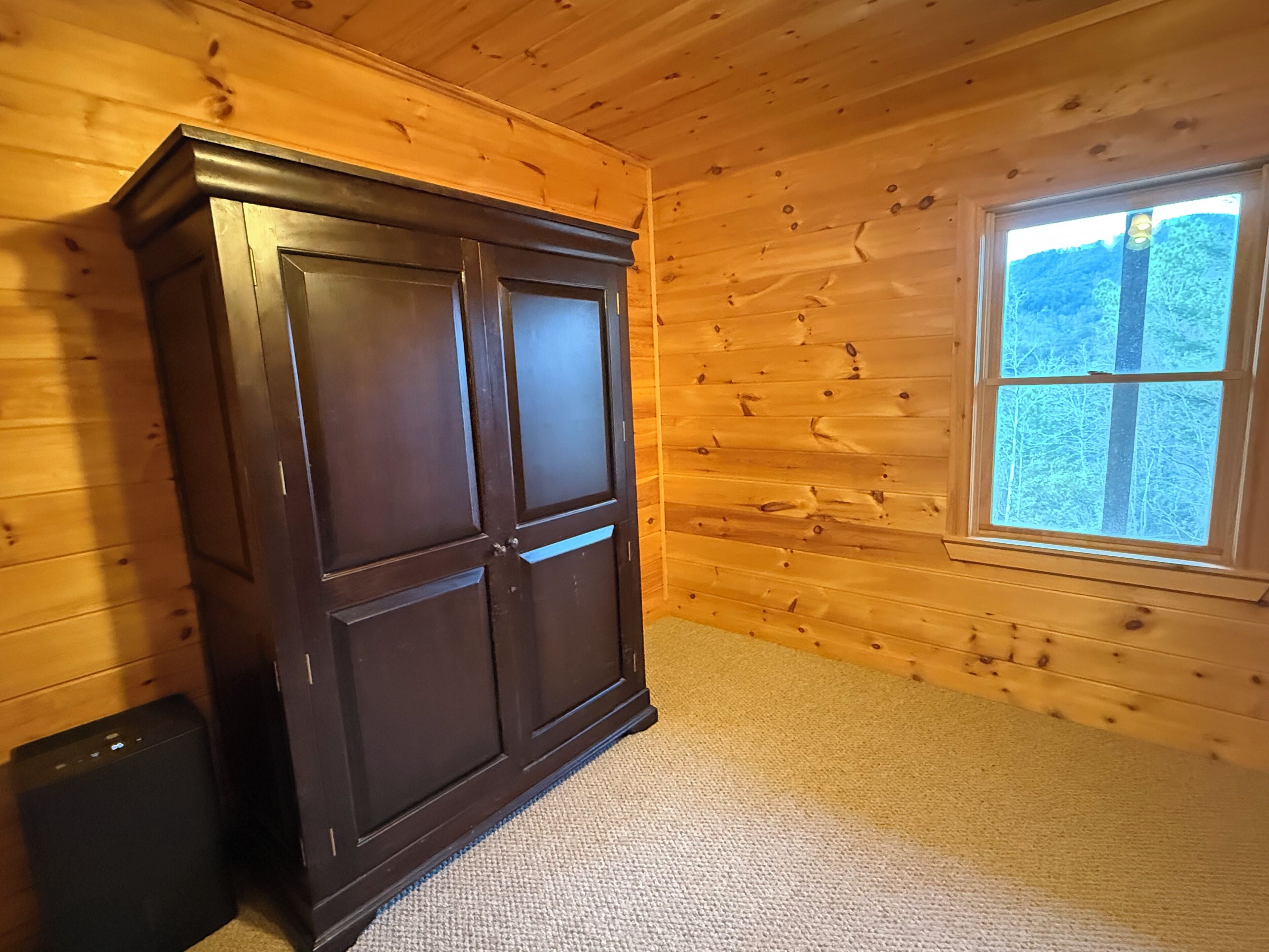 Une pièce aux murs en bois, avec une grande armoire sombre également en bois, une fenêtre donnant sur les arbres et un sol recouvert d’une moquette.
