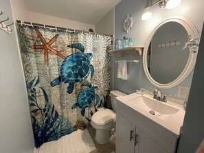 Douche, sĂšche-cheveux, bidet, serviettes fournies