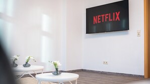 Moderni huone, jossa seinälle on asennettu litteänäyttöinen televisio, ja jonka näytöllä näkyy Netflixin logo. Huoneessa on kaksi pientä pöytää, joiden päällä on ruukkukasveja.