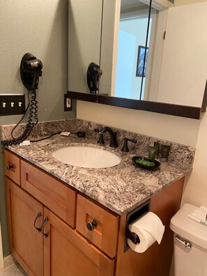 Hair dryer, towels, soap, toilet paper