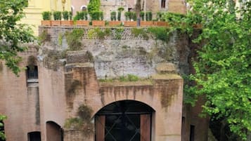 A courtyard with a central arched doorway, surrounded by brick walls and greenery.