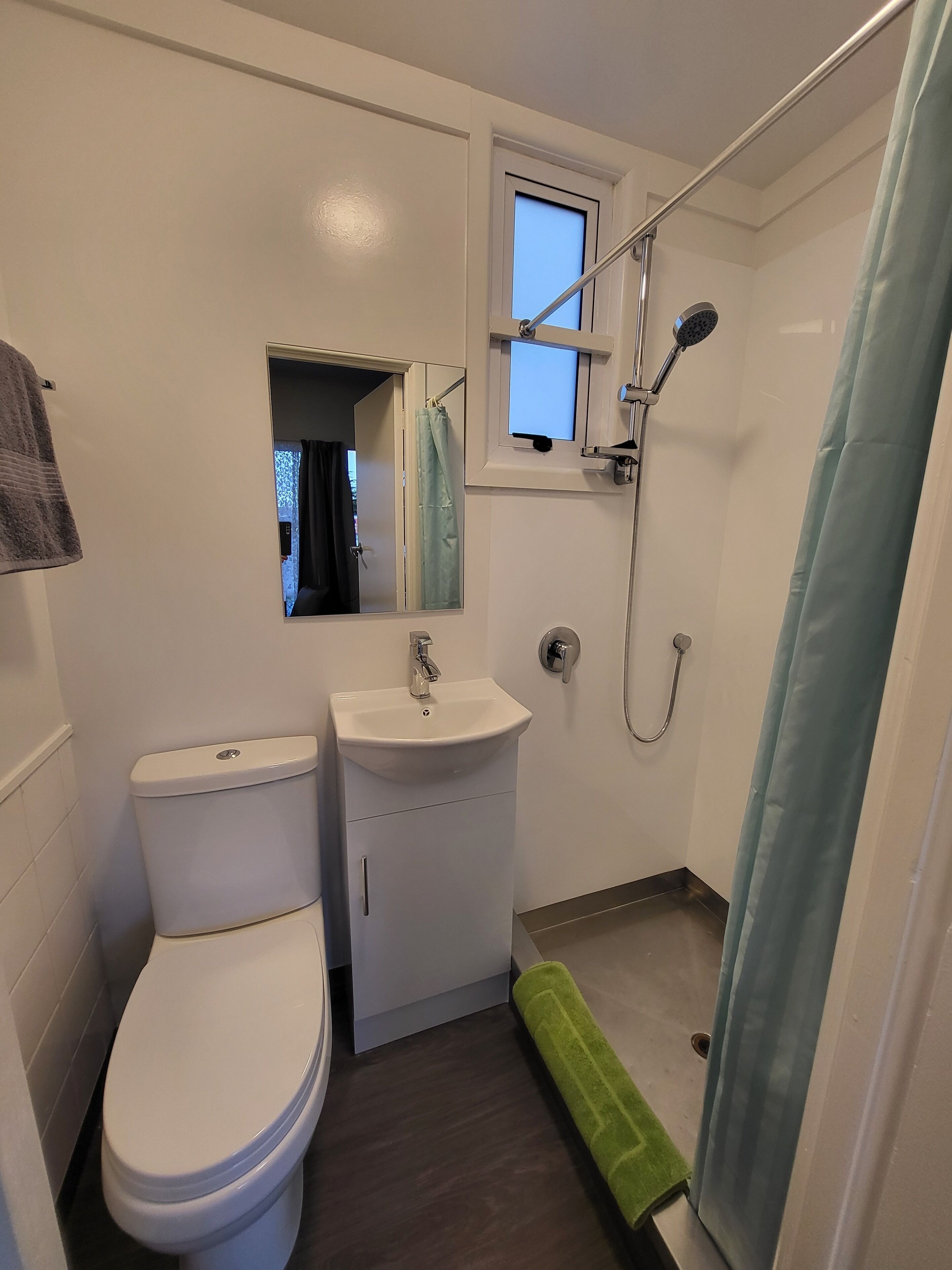 Shower, towels, soap, shampoo