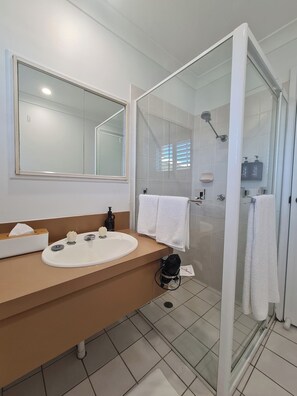 Shower, hair dryer, towels, soap