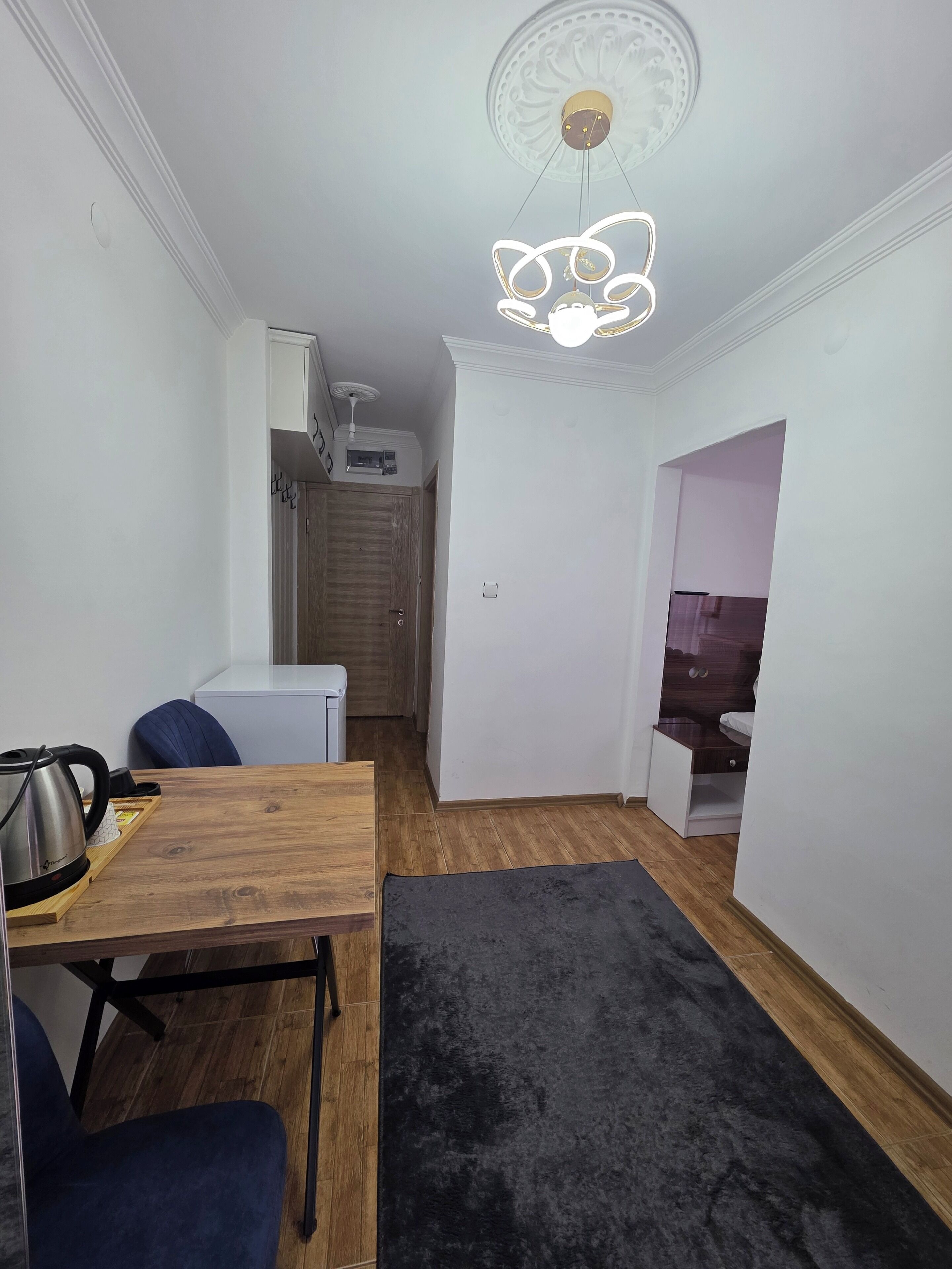 A compact living space with a wooden dining table, a black rug, and a ceiling light fixture.