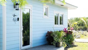 A light blue house with a front door, two windows, and a small porch with potted plants.