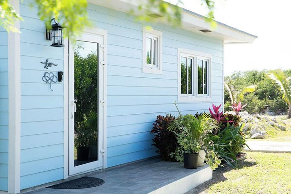 A light blue house with a front door, two windows, and a small porch with potted plants.