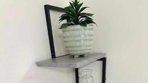 A corner shelf unit with a potted plant on the top shelf, a clear glass vase on the middle shelf, and a hanging plant on the bottom shelf. - Newly Built Private Ensuite Room (Manchester)