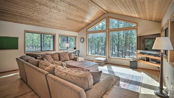 Smart TV, chimenea, reproductor de DVD y oficina