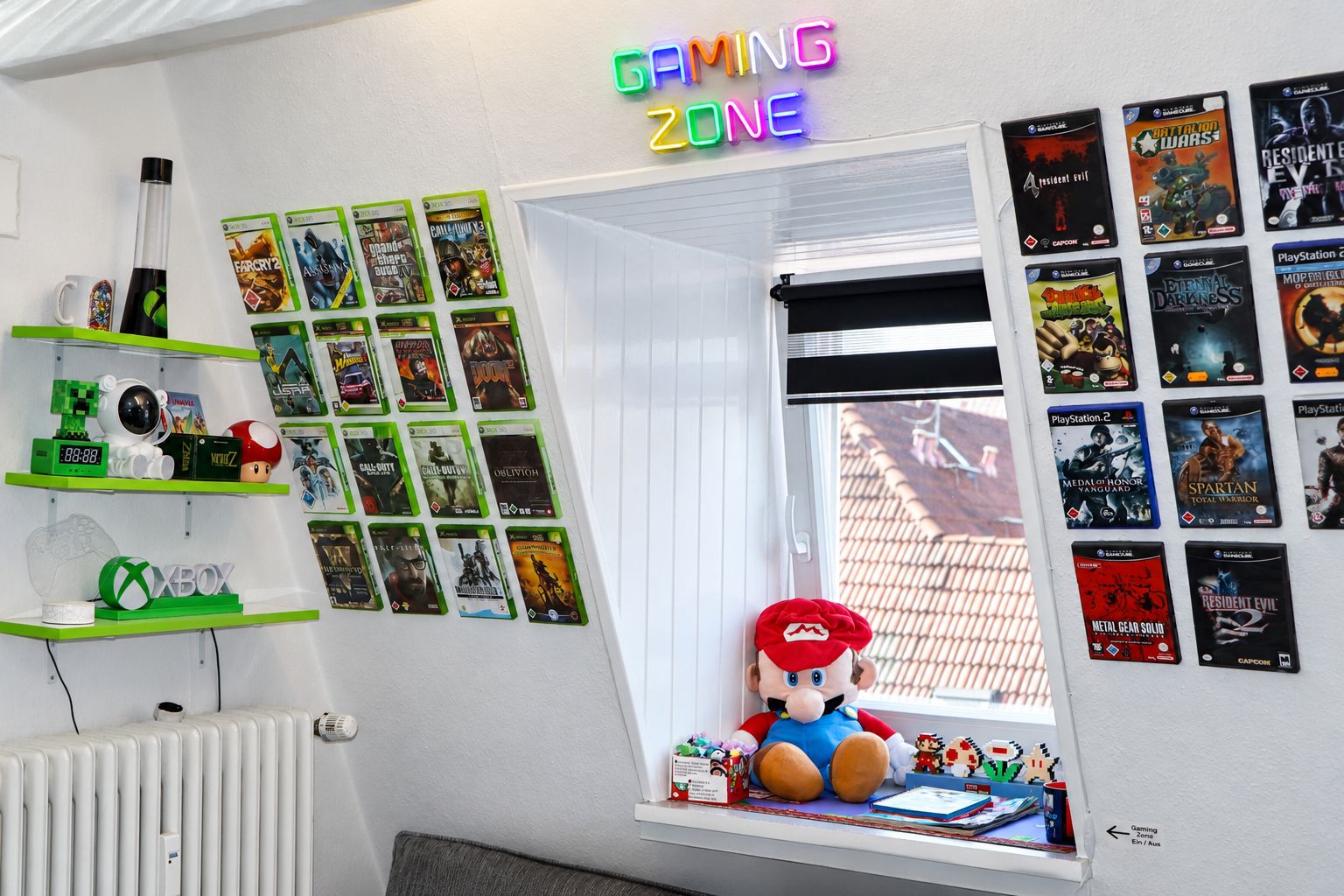 A gaming room with shelves of video games, a Mario plush toy, and a neon sign reading 'GAMING ZONE.'