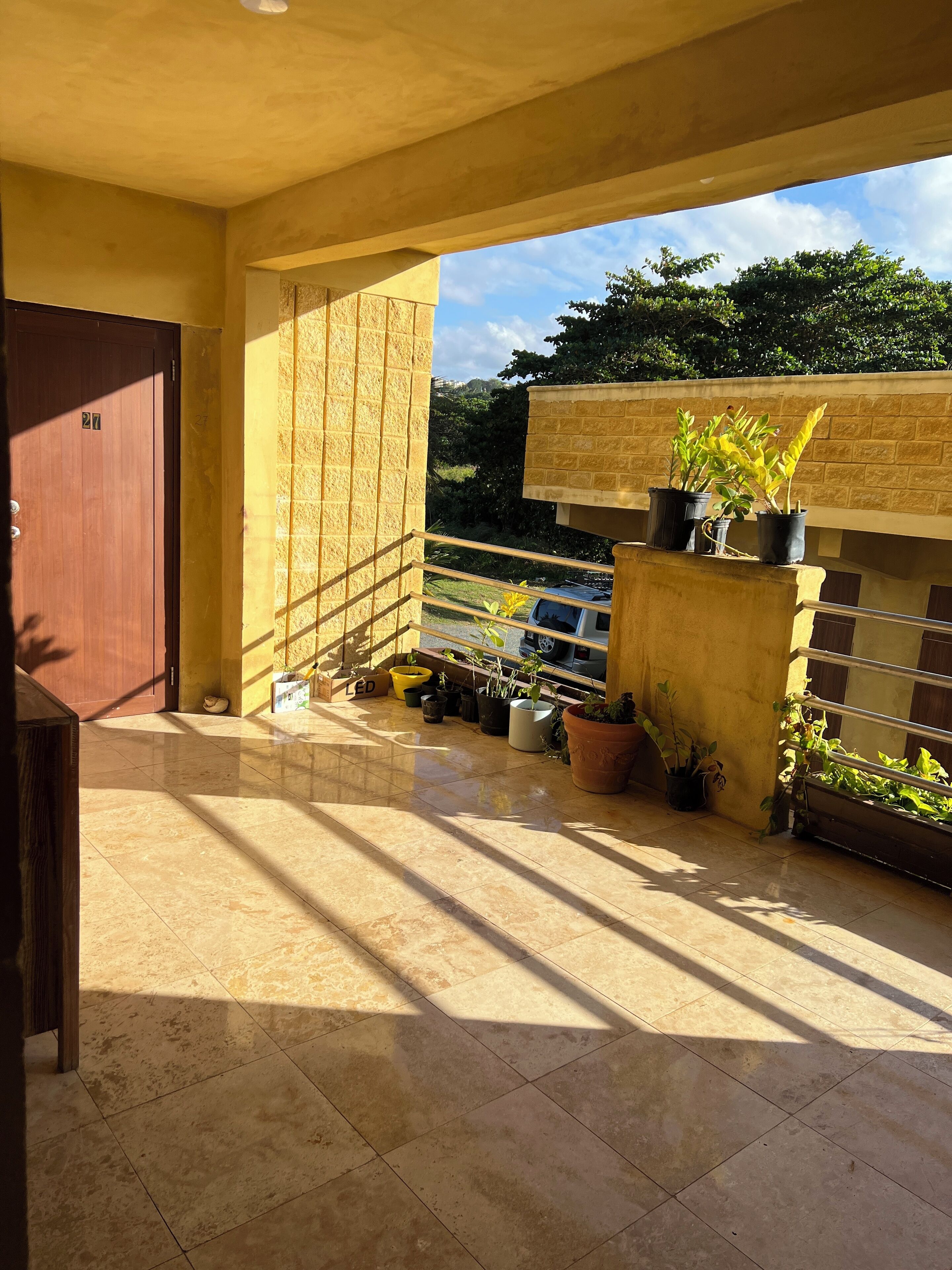 A balcony with tiled flooring, potted plants, a wooden door, and a view of greenery and a vehicle in the background.