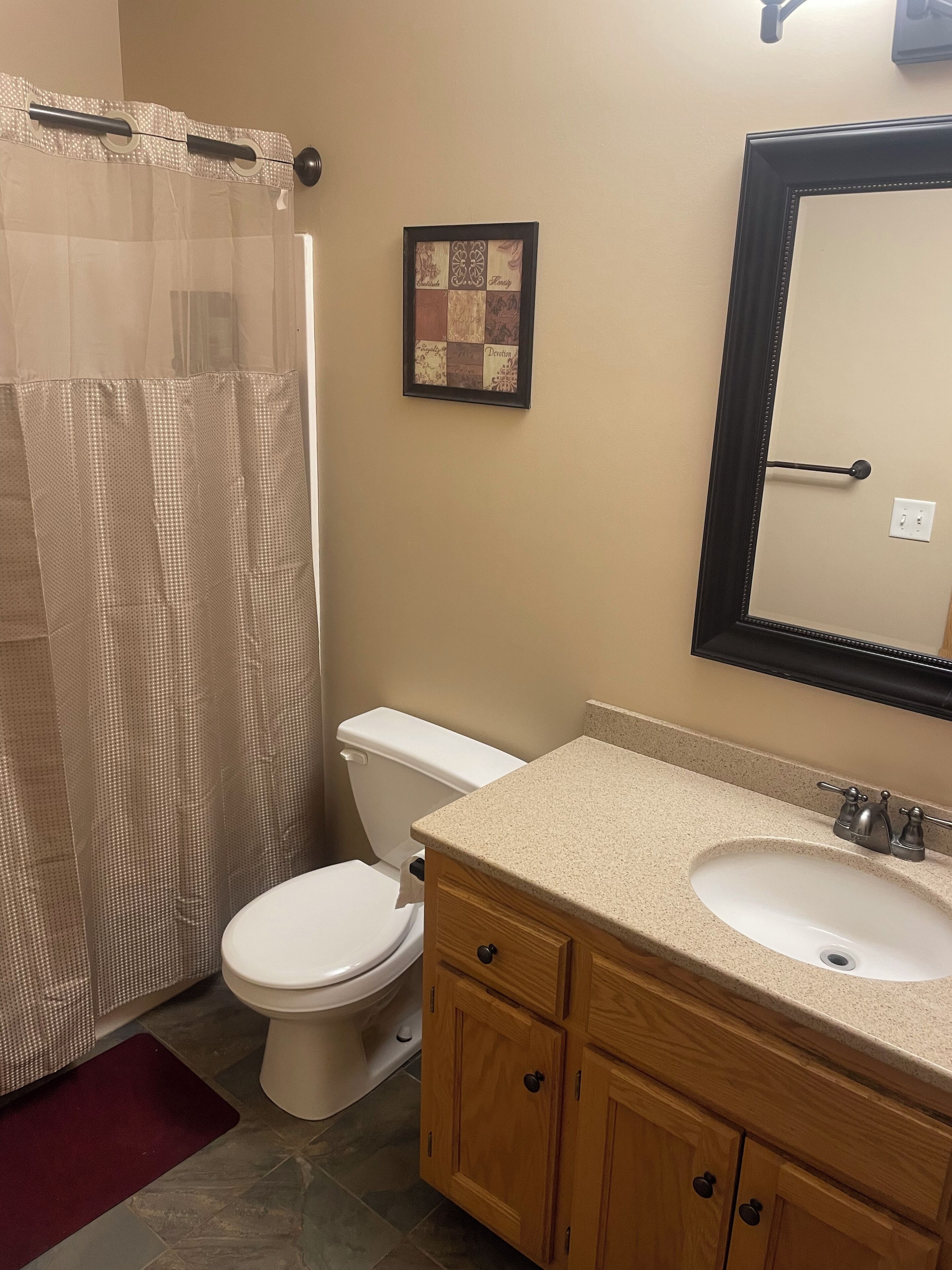 Une salle de bain comprenant des toilettes, un lavabo, des meubles en bois, un miroir et un rideau de douche.