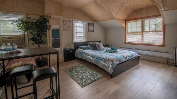 Un dormitorio con cama, escritorio, silla, planta en maceta y ventana.