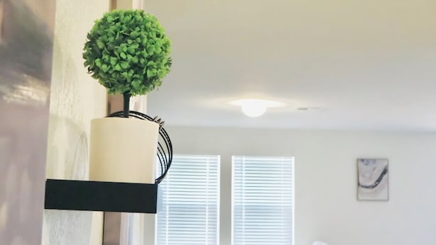 Una sala de estar con un sofá blanco, una planta pequeña en una estantería y dos ventanas con persianas.