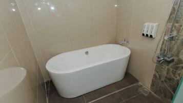 A modern bathroom with a freestanding bathtub, a shower area, and a toilet.