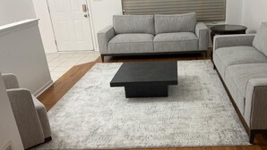 A living room with a grey sofa, a black coffee table, and a patterned rug.