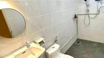 A bathroom with a sink, toilet, and a mirror.