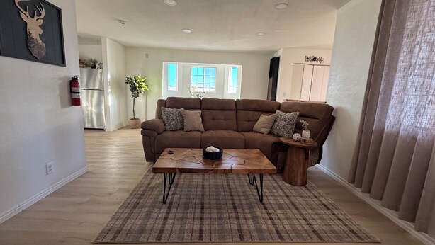 Ein Wohnzimmer mit braunem Sofa, einem Holztisch und einem Streifen Teppich.