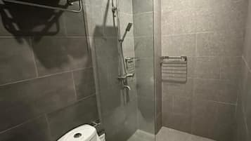 Shower, free toiletries, towels, soap