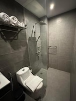 Shower, free toiletries, bidet, towels