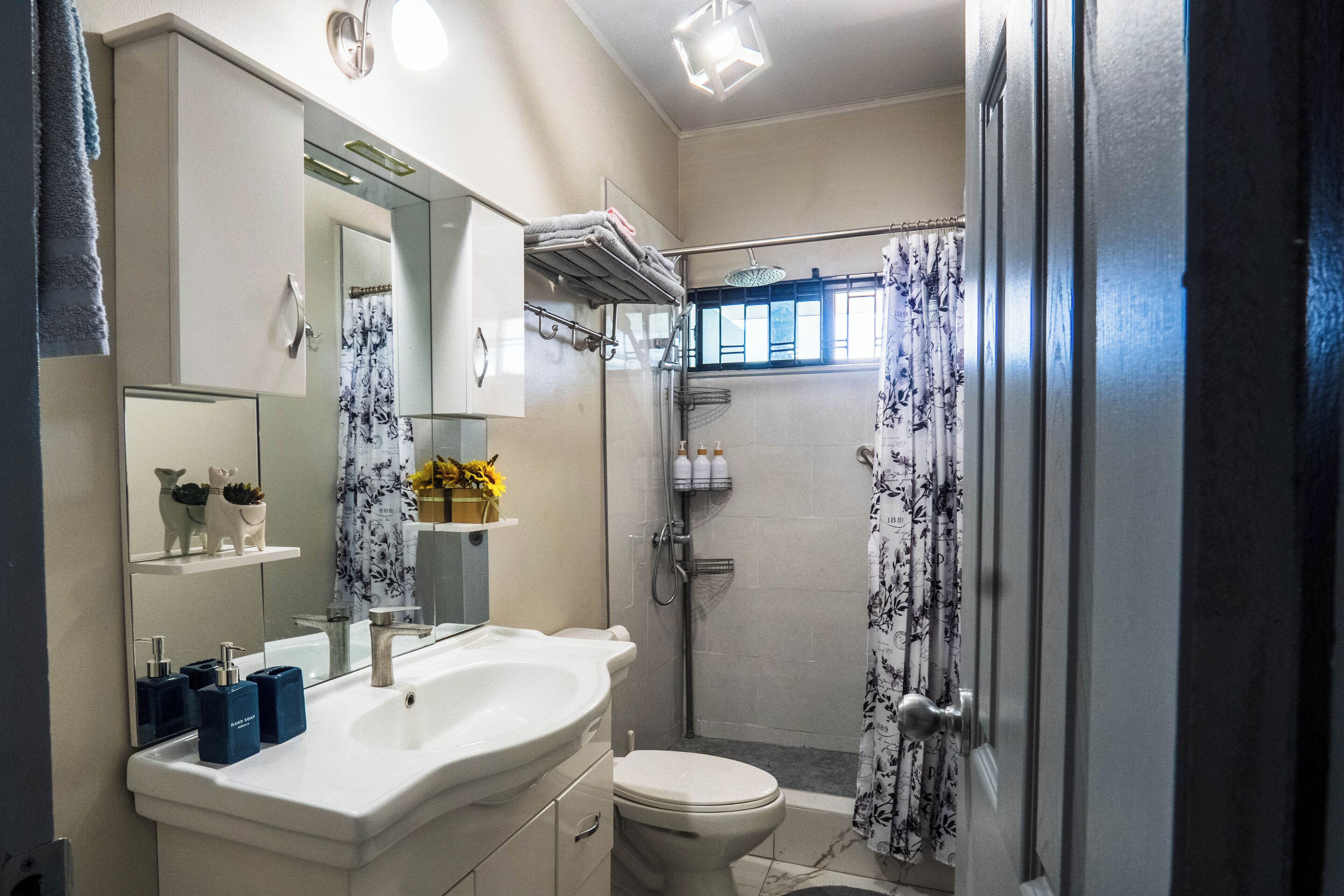 Shower, hair dryer, towels, soap