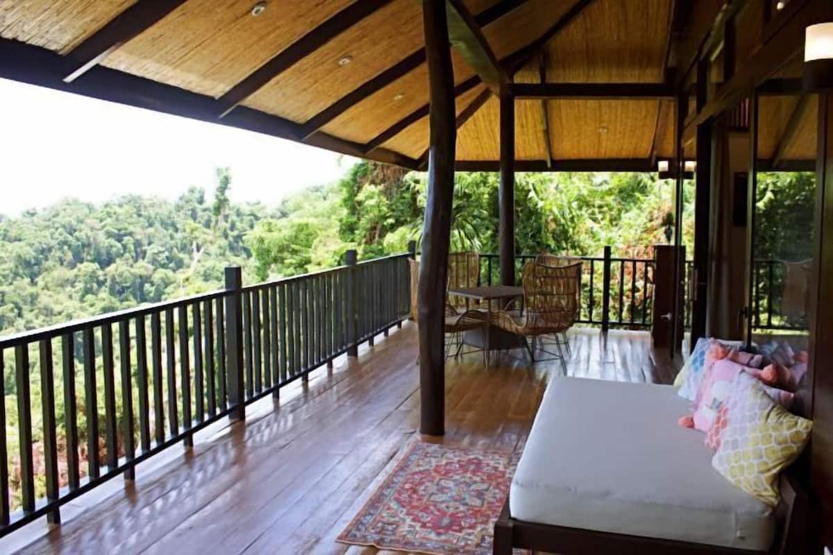 A wooden deck with a thatched roof, a sofa with colorful cushions, and a view of dense greenery.