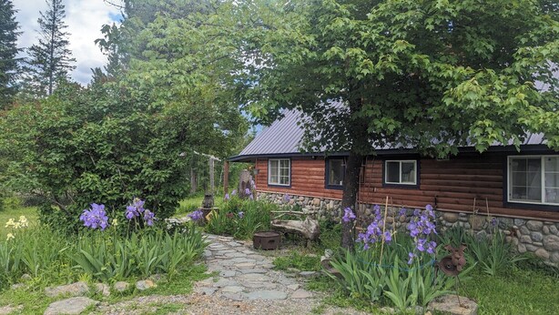 Une cabane rustique en rondins de bois, avec des fondations en pierre, entourée d’un jardin où poussent des fleurs violettes et bordée d’un sentier en pierre.